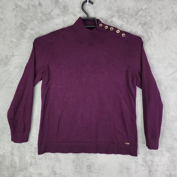 Womens Burgundy Calvin Klein Sweater Mock Neck Long Sleeve Button Detail Size L - Picture 2 of 13